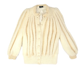 Hand Knitted 80s Fluffy Mohair Beige Cream Yellow Puff Sleeves Cardigan Cardigan Jacket Warm Soft Wool Lined Warm Winter Mohair Sweater L XL Etsy India