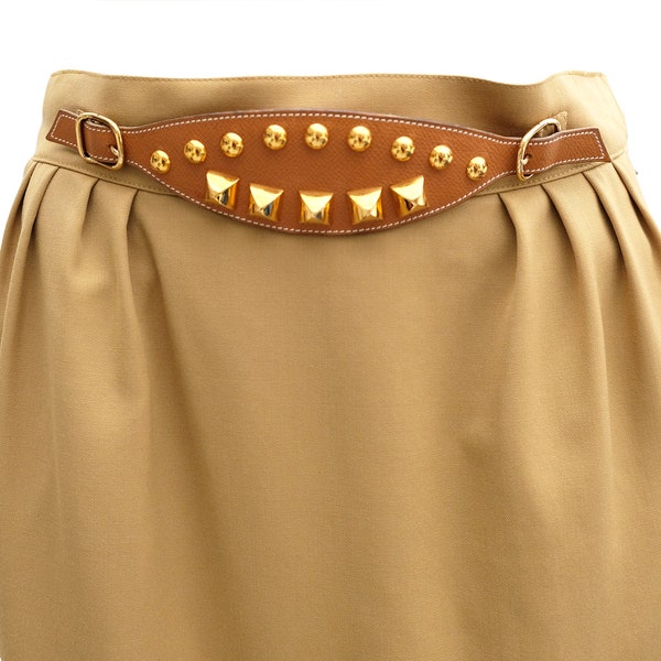 Hermes Vintage Skirt in Camel Wool with Studded Leather Belt, UK10-12