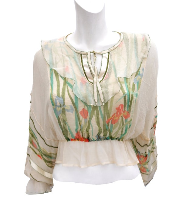 Vintage Peasant Blouse with Hand Painted Flowers,