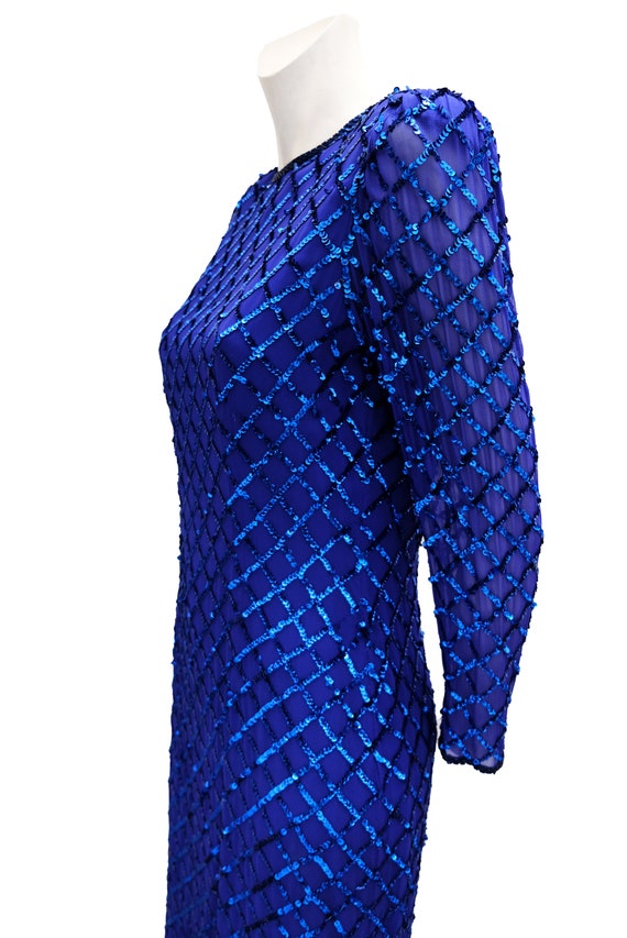Vintage Sequinned Dress in Electric Blue with Fea… - image 5