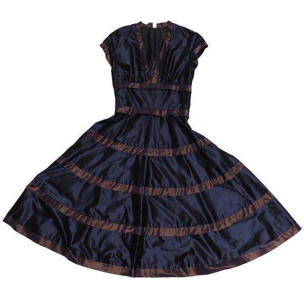 Bruce Oldfield Formal Tiered Dress in Navy Taffeta, UK10