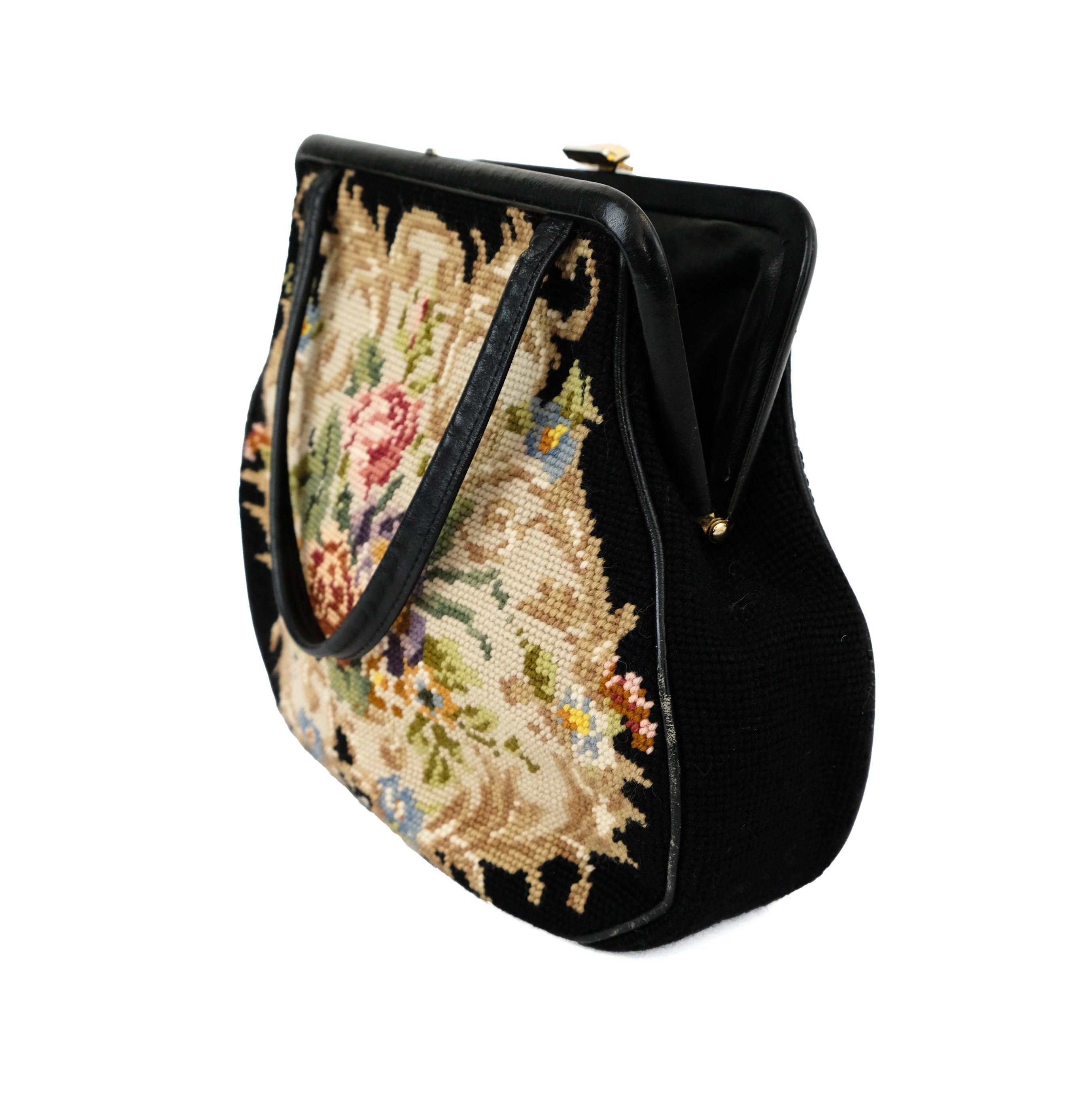 Sac à Main Vintage Brodé Canevas Années 50/60 - Noir, Beige, Dimensions 33x25x14cm
