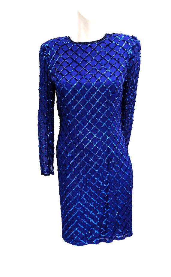 Vintage Sequinned Dress in Electric Blue with Fea… - image 3