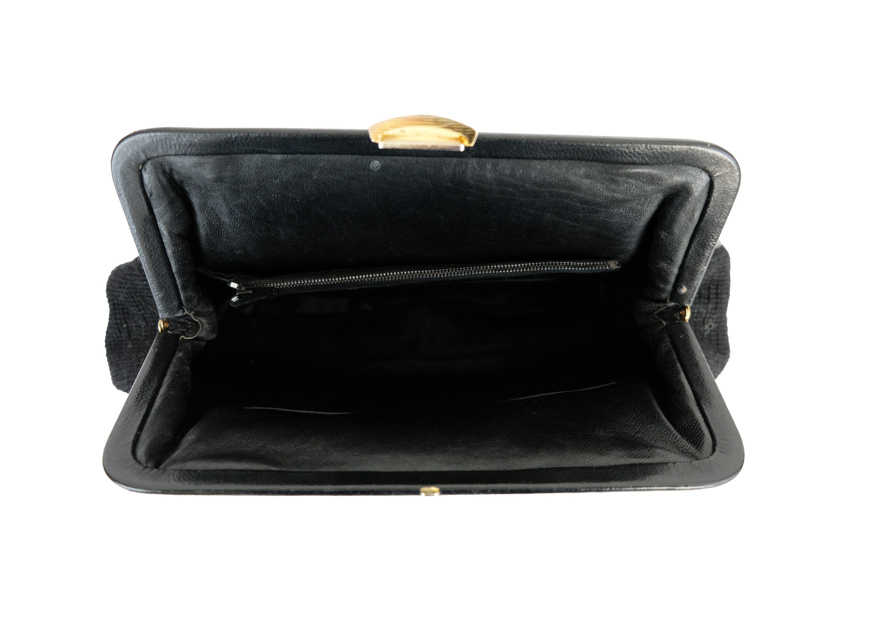 Sac à Main Brodé Vintage - Canevas Années 50/60, Noir Et Beige, Fait Main France
