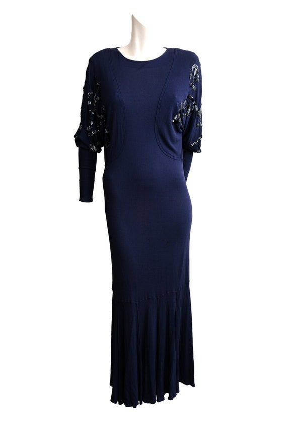 Jean Muir Vintage Gown in Blue Crepe with Sequin … - image 2