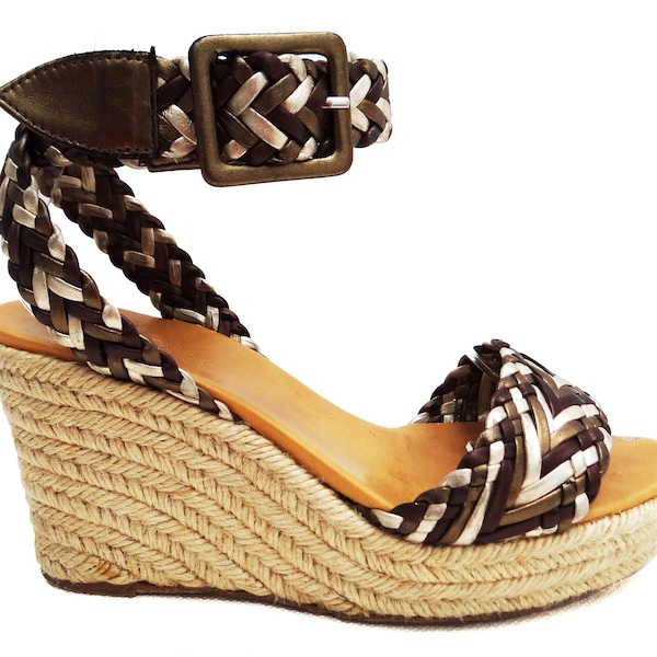 Hermes Rope Soled Platform Wedges with Plaited Straps, UK4