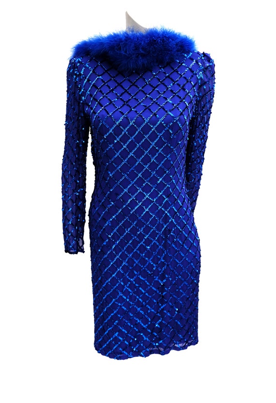 Vintage Sequinned Dress in Electric Blue with Fea… - image 1