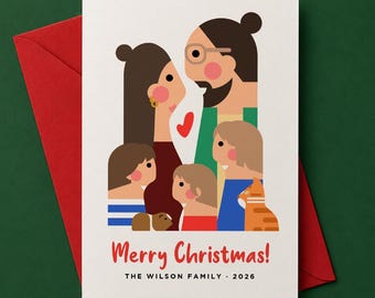 Custom Christmas Card from Separate Photos, Personalized Family Illustration with Kids & Pets