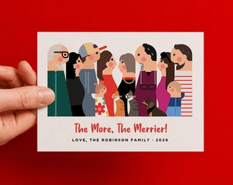Custom Large Family Christmas Card from Photos, Personalized Holiday Illustration with Kids & Pets