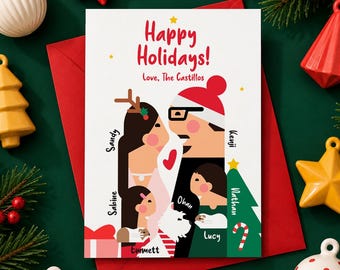 Custom Illustrated Family Christmas Card from Photo, Fun Holiday Portrait with Kids & Pets