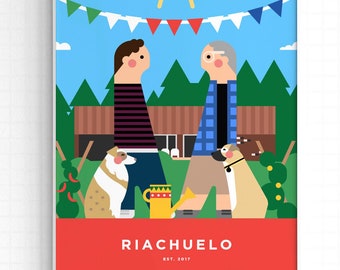 Couple Portrait with Pets. Same Sex Wedding or Anniversary gift for him, for her. Personalized Digital Wall Art. Digital File.