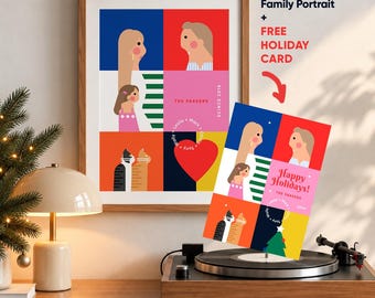 Custom Family Portrait, Mid Century Modern Color Block Illustration + Free Holiday Card
