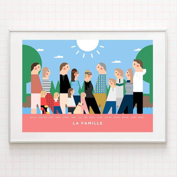 Großes Familienportrait als Geschenk für Eltern oder Großeltern. Personalisiertes Portrait mit Haustieren. Individuelle Familien Illustration.