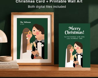Our First Christmas Married Card, Custom Couple Portrait with Printable Wall Art