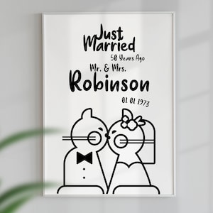 Cartel de Recién casados hace 50, 25, 10 años, Ilustración personalizada de retratos familiares de gatos, Aniversario de bodas de mamá y papá, Descarga digital. imagen 1