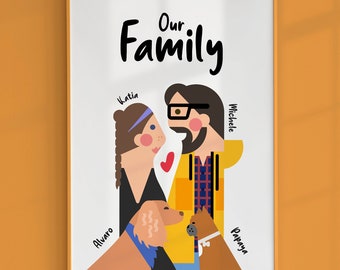 Illustration de portrait sans visage d'un couple, portrait de famille personnalisé avec animal de compagnie, dessin de photo, cadeau d'anniversaire pour lui, elle, art numérique