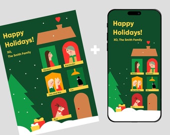 Custom Family Portrait Digital Holiday Card - Cozy Cartoon Illustration for Cards, Printing, and Social Media
