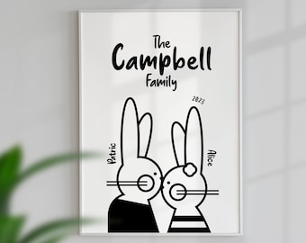 Personalised Bunnies Couple Illustration, Couple Names and the Date Poster, Black and White Minimalist Wall Decor, Digital Download.