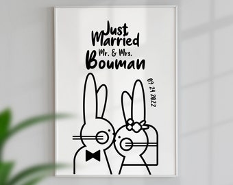 Just Married Bunnies Couple Illustration, Gepersonaliseerd huwelijkscadeau, aangepaste paarnamen en datumafdruk, gefeliciteerd, digitale download.