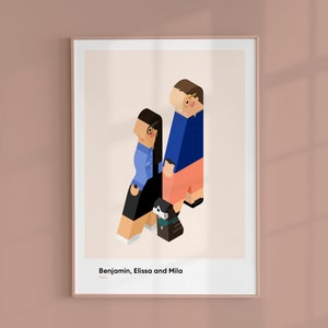 Modern Couples Portrait from Photo, Cartoon Family Drawing, 3D Illustration, Portrait with Pets, Colorful Digital Wall Decor Idea.