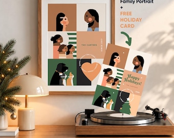Personalized Family Portrait from Photos, Minimalist Neutral Wall Art + Free Holiday Card