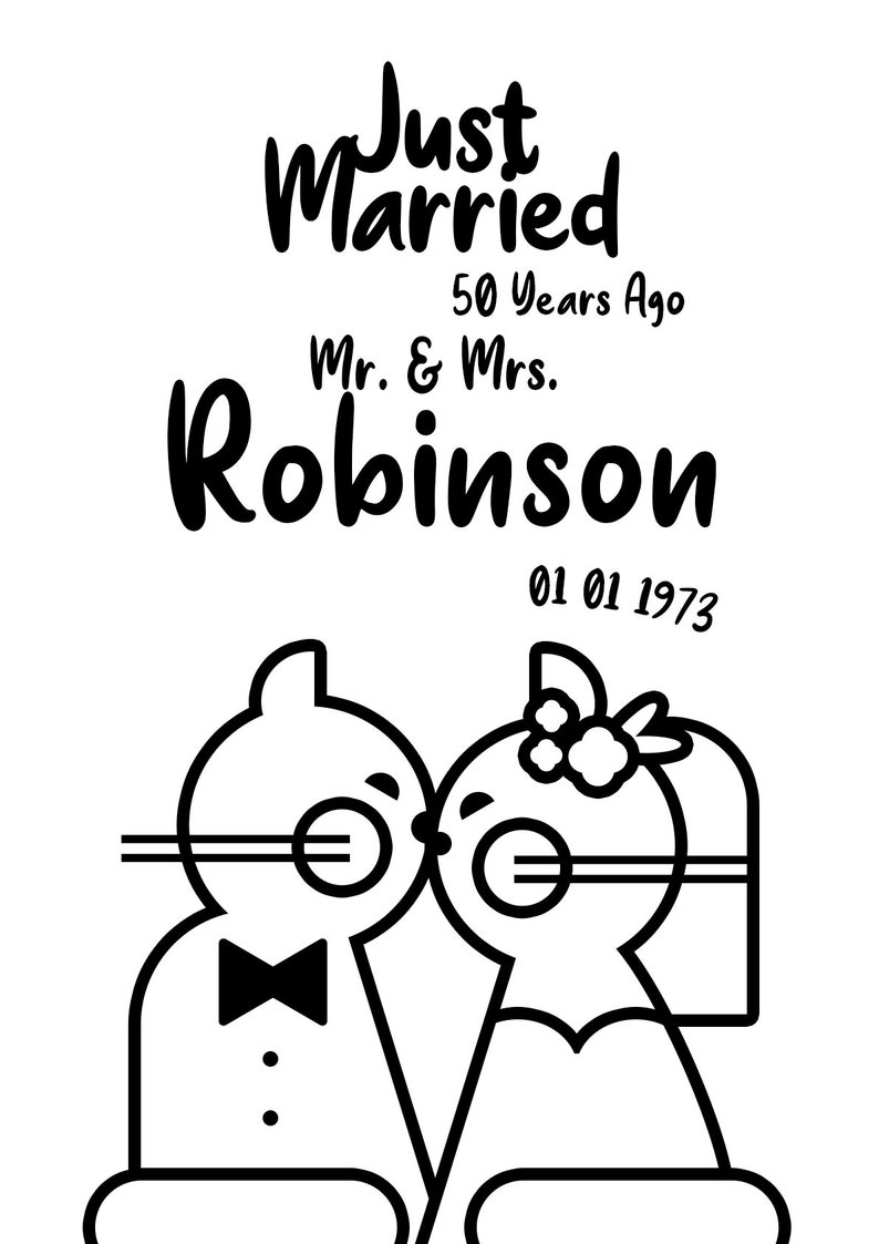 Cartel de Recién casados hace 50, 25, 10 años, Ilustración personalizada de retratos familiares de gatos, Aniversario de bodas de mamá y papá, Descarga digital. imagen 10