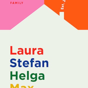 Puede incluir: Una ilustraci&oacute;n de una casa blanca con un techo rosa que dice "The Anderson Family" y un techo naranja que dice "Est. 2021" con un coraz&oacute;n blanco. Los nombres Laura, Stefan, Helga y Max est&aacute;n escritos en rojo, azul, verde y amarillo debajo de la casa.