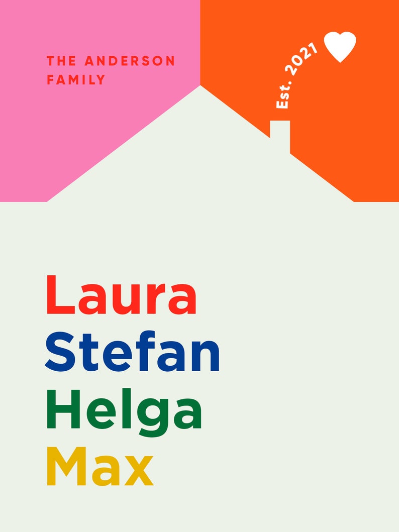 Puede incluir: Una ilustraci&oacute;n de una casa blanca con un techo rosa que dice "The Anderson Family" y un techo naranja que dice "Est. 2021" con un coraz&oacute;n blanco. Los nombres Laura, Stefan, Helga y Max est&aacute;n escritos en rojo, azul, verde y amarillo debajo de la casa.