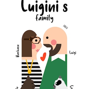 Custom family portrait with pets, illustration from photo, Couple drawing, Cartoon wall art, Personalized gift, digital download. image 2