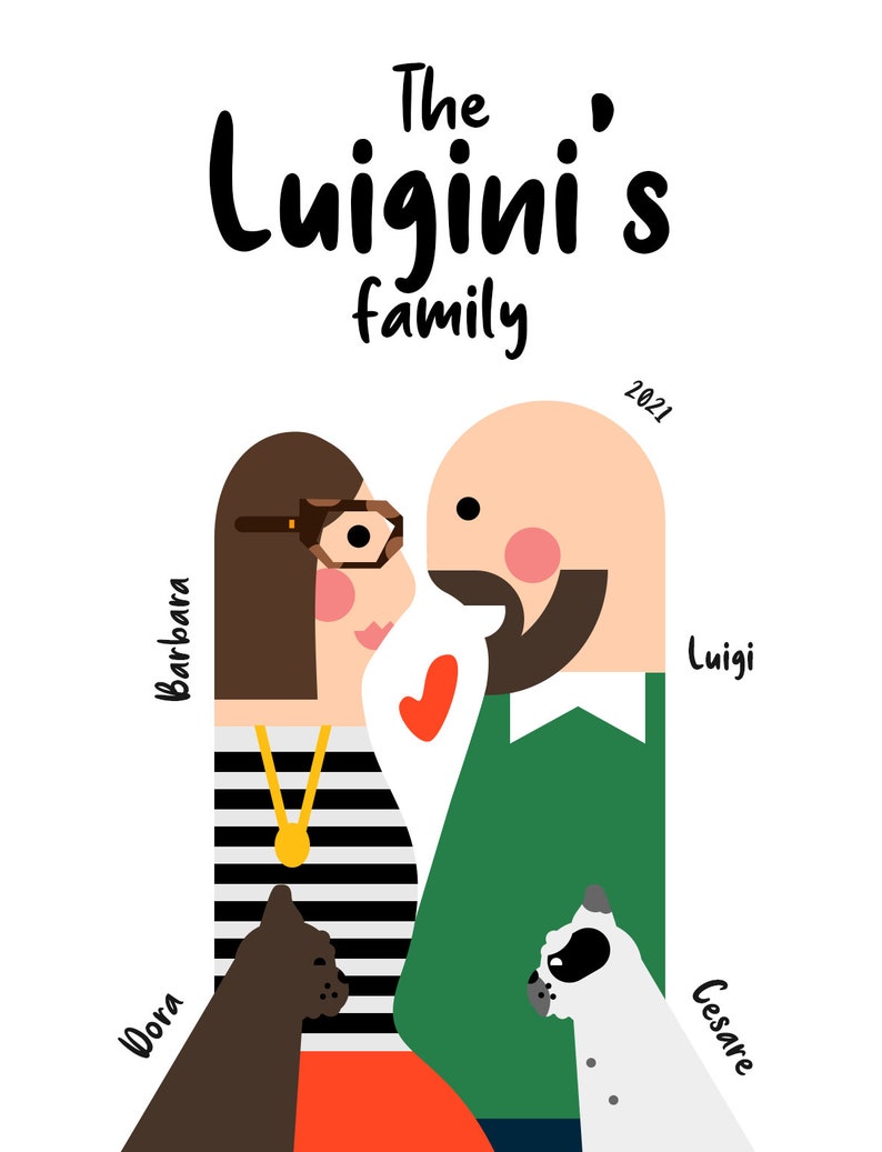 Custom family portrait with pets, illustration from photo, Couple drawing, Cartoon wall art, Personalized gift, digital download. image 2