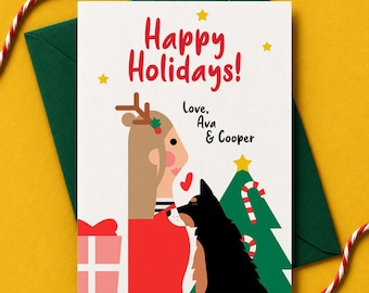 Illustrated Christmas Card, Personalized Family Holiday Design with Pets, Custom Digital Greeting