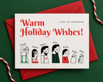 Personalized Holiday Card from Photos, Custom Cartoon Family Portrait with Kids & Pets