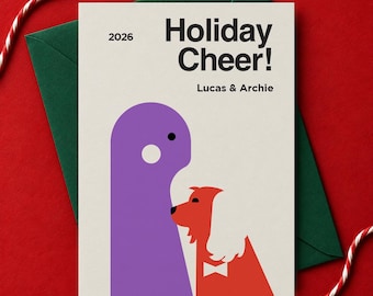 Pet Christmas Card, Personalized Owner & Dog Illustration, Modern Holiday Greeting, Custom Animal Portrait