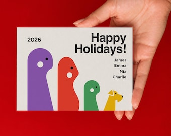 Modern Family Christmas Card, Personalized Holiday Greeting, Minimalist Illustration, Custom Family of 4