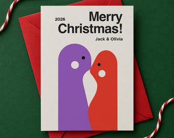 Couple Christmas Card, Personalized Holiday Greeting, Modern Minimalist Illustration, Custom 2 Characters