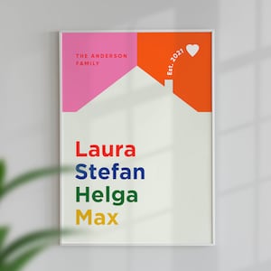 Puede incluir: Una impresi&oacute;n enmarcada en blanco con una silueta de casa en rosa, naranja y blanco. El texto "The Anderson Family Est. 2021" est&aacute; en las esquinas superiores. Los nombres "Laura, Stefan, Helga, Max" est&aacute;n listados debajo de la casa en rojo, azul, verde y amarillo.