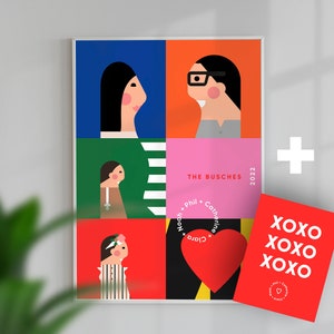 Illustration de famille personnalisée, cadeau de Saint-Valentin moderne pour lui, portrait + version carte, XOXO, impression numérique en téléchargement