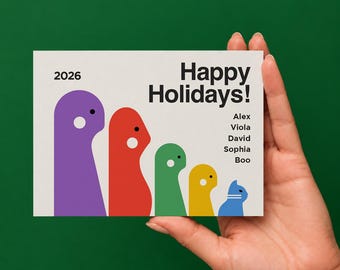 Personalized Family Christmas Card, Minimalist Holiday Design, Colorful Custom Illustration, Modern Greeting, 5 Characters
