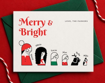 Custom Cartoon Family Christmas Card from Photo, Personalized Minimalist Holiday Illustration