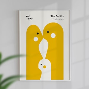 Retrato de família moderno com 1 criança – Ilustração personalizada com nomes e ano – Arte de parede minimalista abstrata de casal e bebê