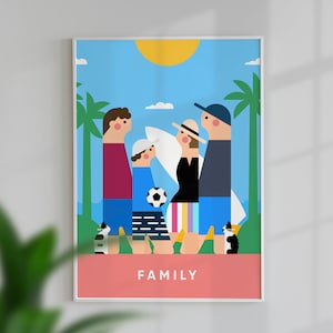 Aangepast familieportret met huisdieren, kerstcadeau voor moeder van dochter, gepersonaliseerde familiemuurkunstillustratie, digitaal bestand
