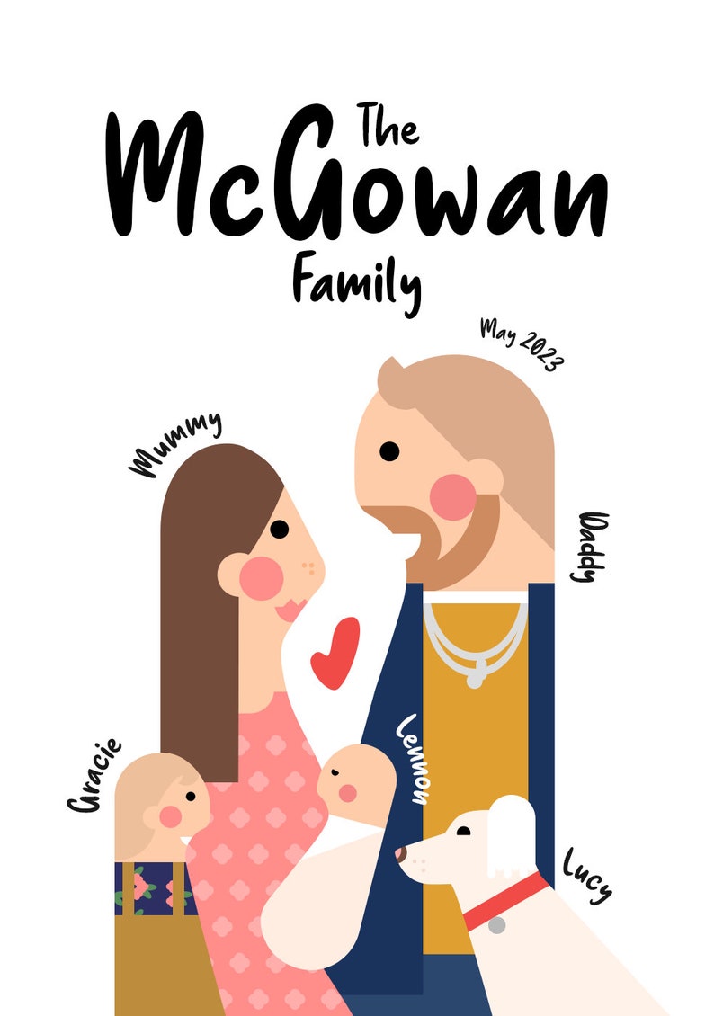 Custom family portrait with pets, illustration from photo, Couple drawing, Cartoon wall art, Personalized gift, digital download. image 5