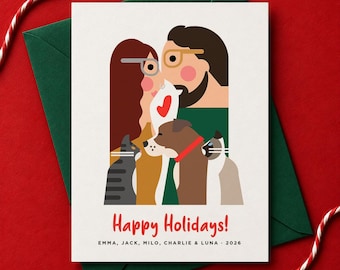 Custom Pet Christmas Card from Photo, Personalized Holiday Illustration with Dogs, Cats & Family