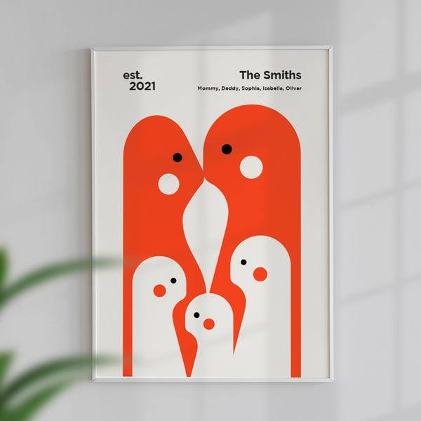 Custom Family Portrait Print: Modern Illustration with 3 Kids