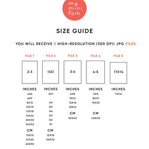 Puede incluir: Una gu&iacute;a de tallas para archivos digitales imprimibles, que muestra diferentes proporciones y las medidas correspondientes en pulgadas y cent&iacute;metros. La gu&iacute;a incluye cinco opciones de archivos: 2:3, ISO, 3:4, 4:5 y 11x14.