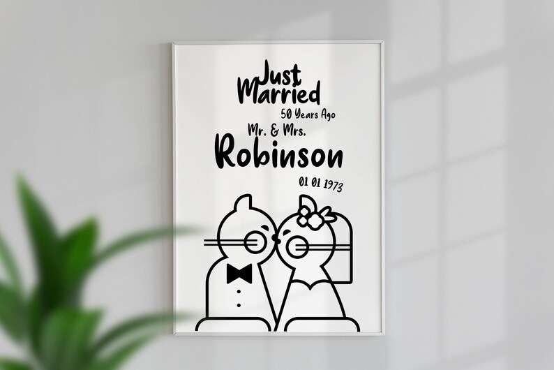 Cartel de Recién casados hace 50, 25, 10 años, Ilustración personalizada de retratos familiares de gatos, Aniversario de bodas de mamá y papá, Descarga digital. imagen 8