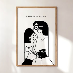 Illustrazione di ritratti di coppia come regalo di fidanzato, fidanzata, regalo di San Valentino personalizzato, ritratto personalizzato in bianco e nero, ritratto in linea