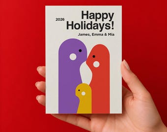 Personalized Holiday Card, Modern Family Christmas Greeting, Minimalist Custom Illustration, 3 Characters