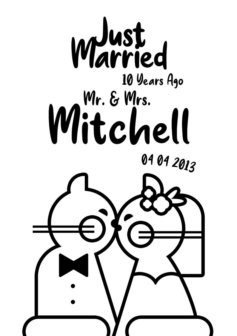 Cartel de Recién casados hace 50, 25, 10 años, Ilustración personalizada de retratos familiares de gatos, Aniversario de bodas de mamá y papá, Descarga digital. imagen 9