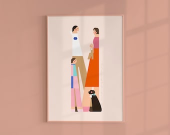 Digital Family Portrait Illustration from Photos, Anniversary, Valentine's gift for Him, for Her, Minimalist Portrait with a Pet, Dog, Cat